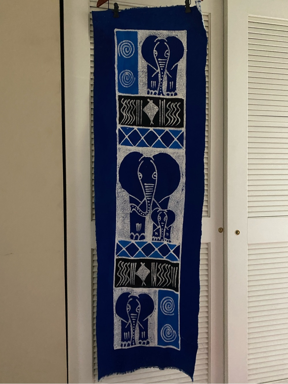 Hand Printed Batik Wall Art or Table Runner Featuring Elephants in Blue Shades